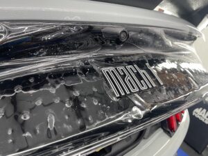 PPF application over the rear hatch and logo of a Mach 1 Mustang
