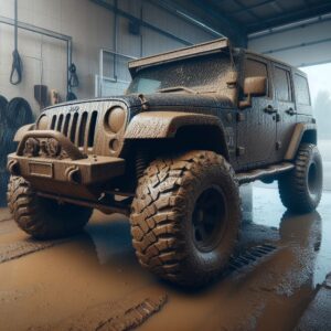 jeep Wrangler covered in mud that is too dirty for a rinseless wash